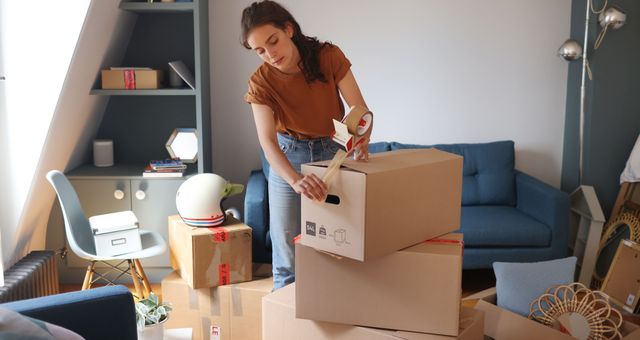 Une jeune femme préparant des cartons de déménagement