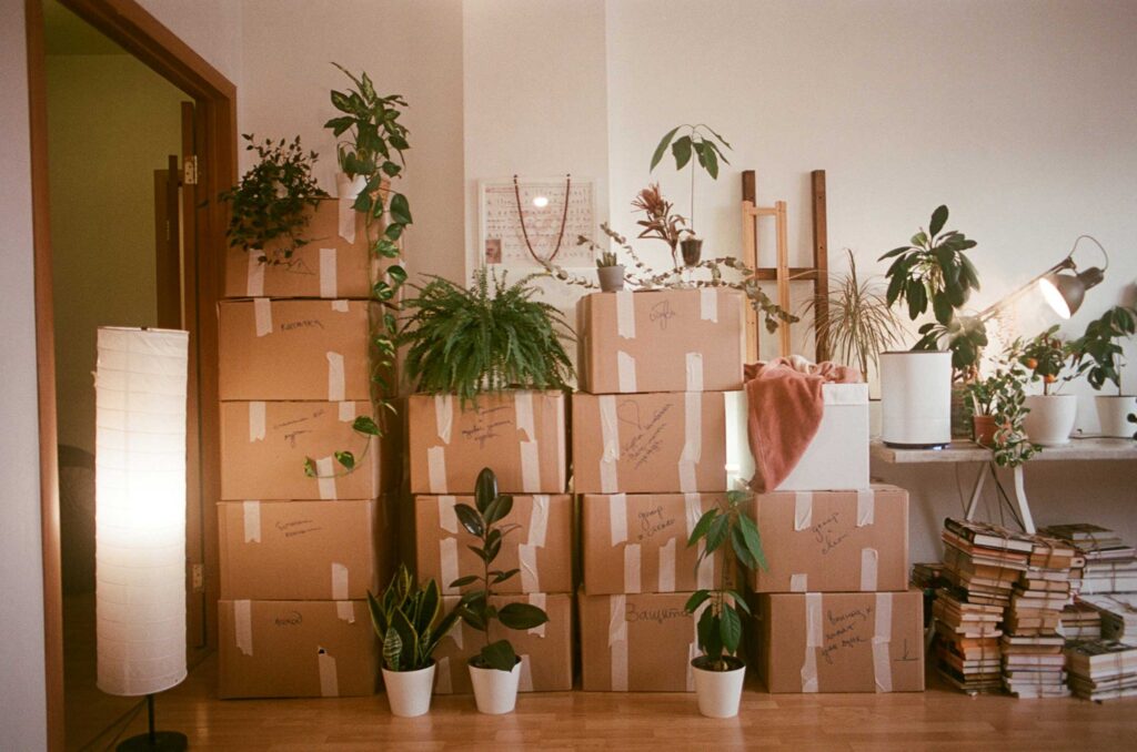 pièce en cours de déménagement avec des cartons empilés