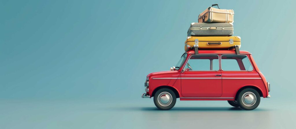 voiture miniature transportant une pile de valises sur son toit